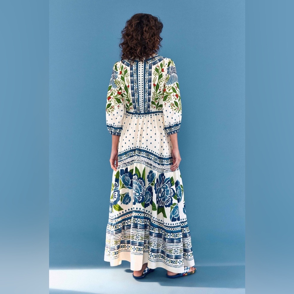 Farm Rio Macaw Flight Maxi Dress Off White Blue Floral NWT Size S - Picture 3 of 16